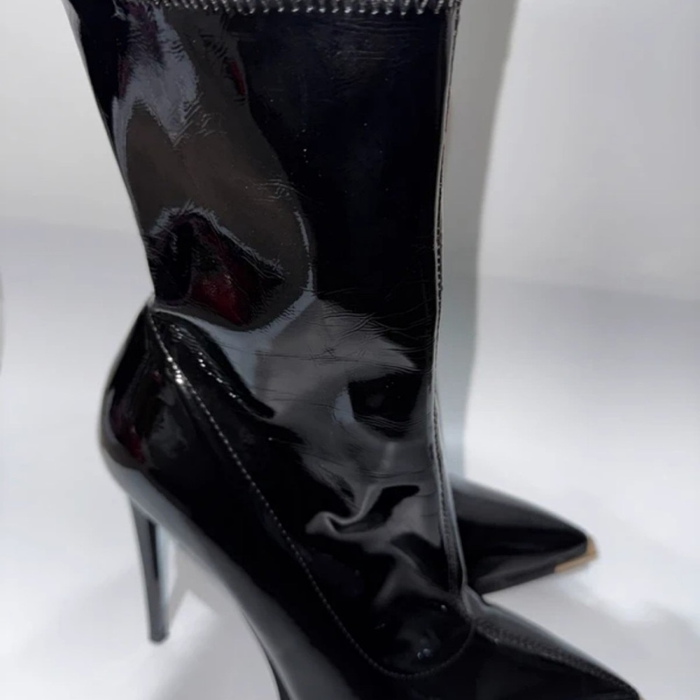 Sleek Black Patent Pointed-Toe Stiletto Mid-Calf Boots